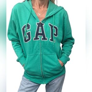 Y2K Retro GAP Logo Zip Up Hoodie Deluxe Green Fleece Core Streetwear Size S